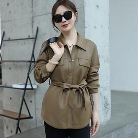 韩版中长款皮衣外套女2023秋季新款翻领系带修身水洗PU皮夹克