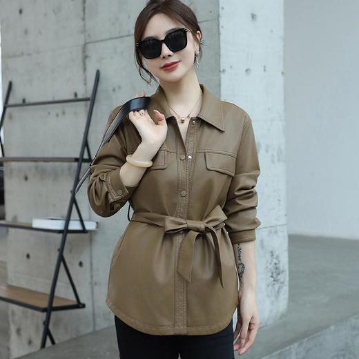 韩版中长款皮衣外套女2023秋季新款翻领系带修身水洗PU皮夹克 商品图0