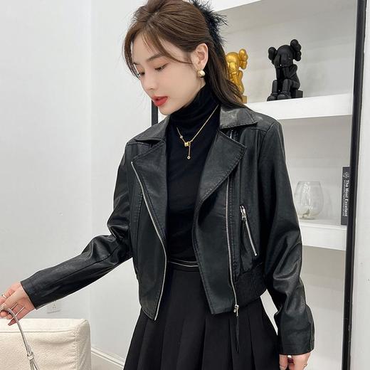 韩版机车风短款皮衣外套女2023秋季新款西装领修身水洗蛋白皮夹克 商品图3