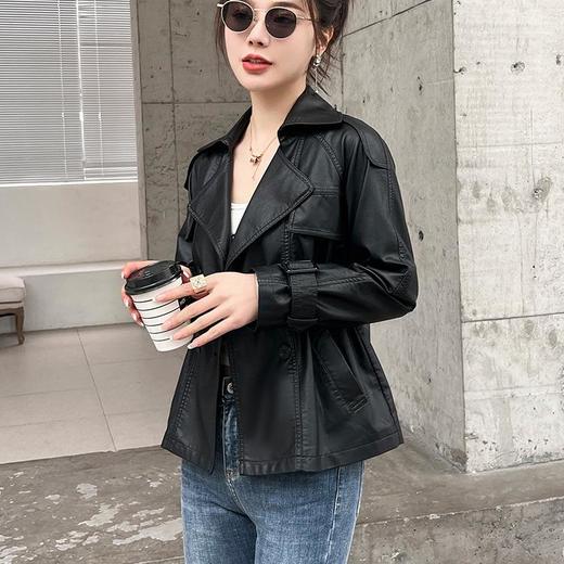 韩版短款皮衣外套女2023春秋新款西装领夹克修身水洗PU皮衣女 商品图2