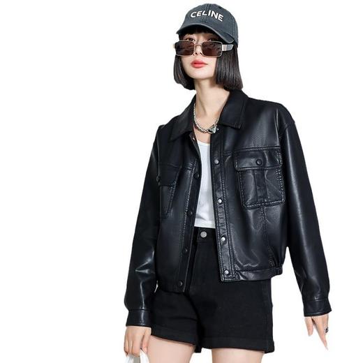韩版短款皮衣外套女2023春秋新款宽松翻领皮包扣水洗PU皮衣女 商品图4