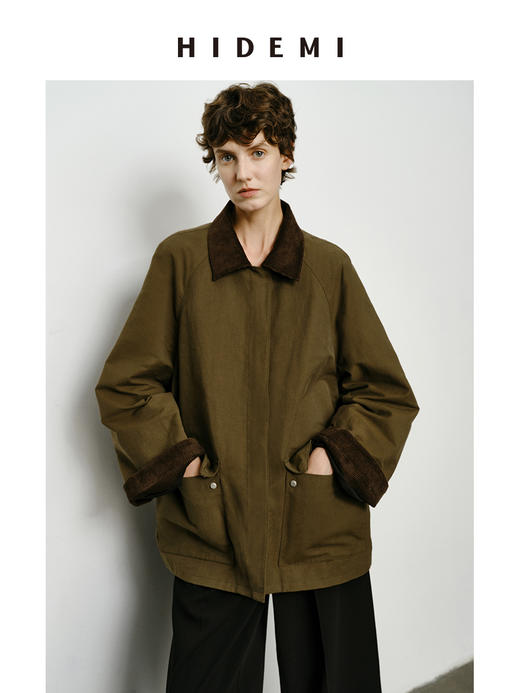 HIDEMI小男孩系列巴恩风灯芯绒拼接工装口袋式军绿色风衣外套 短款/长款 商品图6