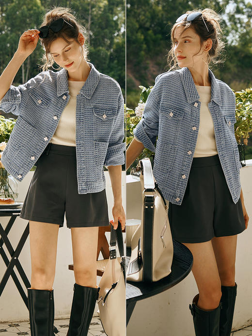 OLrain欧芮儿小香风牛仔短外套女初秋2023年新款宽松重工提花上衣 商品图3