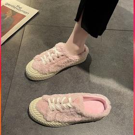 厚底毛毛包头半拖鞋女冬外穿网红系带饼干鞋加绒毛毛鞋