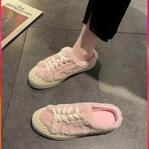 厚底毛毛包头半拖鞋女冬外穿网红系带饼干鞋加绒毛毛鞋 商品图0