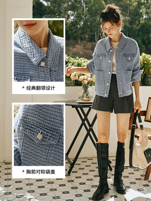 OLrain欧芮儿小香风牛仔短外套女初秋2023年新款宽松重工提花上衣 商品图2