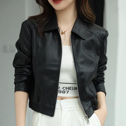 韩版短款皮衣外套女2023秋季新款翻领修身气质水洗PU皮衣女 商品图2