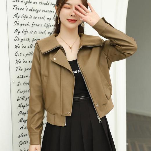 2023秋季新款短款皮衣外套女韩版螺纹领宽松水洗PU皮夹克 商品图2