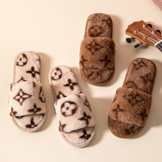 秋冬小花居家保暖一字开口毛毛拖鞋韩版女士家用木地板阻滑棉拖鞋 商品图0