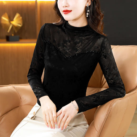 花色植绒长袖打底衫新中式国风修身T恤上衣KQL-765G938 商品图1