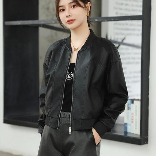 韩版短款皮衣外套女2023春季新款V领皮夹克修身水洗PU皮衣女 商品图3
