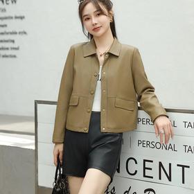 2023秋季新款韩版短款皮衣外套女翻领皮夹克修身水洗PU皮夹克