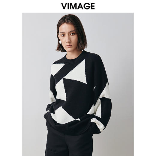 VIMAGE纬漫纪冬季新款撞色显瘦百搭基础简约针织衫V2001613 商品图3