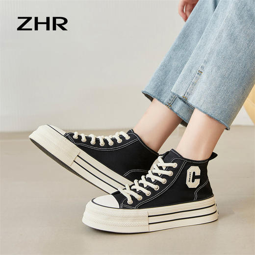 ZHR高帮帆布鞋女鞋2023秋季新款鞋子ins百搭小白鞋厚底百搭板鞋女 商品图1