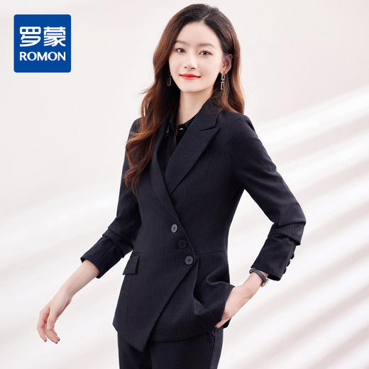 【上衣+裤子】罗蒙女式套装条纹两件套商务通勤不规则下摆西服套装女 商品图2