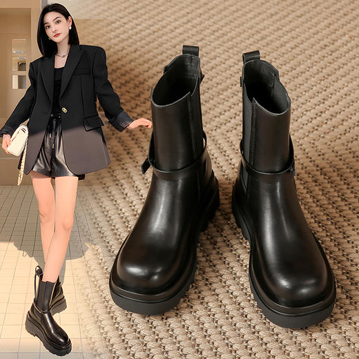 ZHR厚底短靴2023秋季新款气质圆头休闲百搭短筒酷飒设计感厚底短 商品图0
