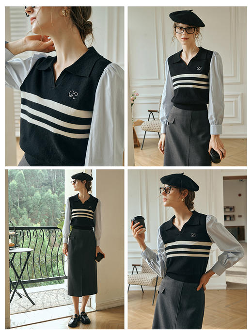 欧芮儿POLO领衬衫马甲毛衣假两件女秋装2023新款学院风拼接针织衫 商品图1