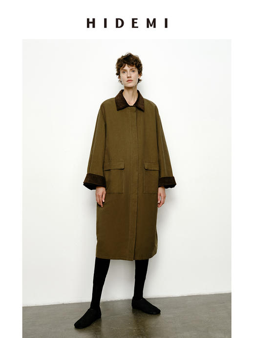 HIDEMI小男孩系列巴恩风灯芯绒拼接工装口袋式军绿色风衣外套 短款/长款 商品图3