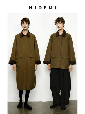 HIDEMI小男孩系列巴恩风灯芯绒拼接工装口袋式军绿色风衣外套 短款/长款