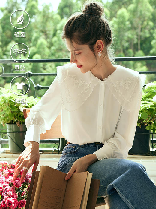 欧芮儿法式白色长袖衬衫女秋2023新款雪纺娃娃领刺绣衬衣洋气上衣 商品图0