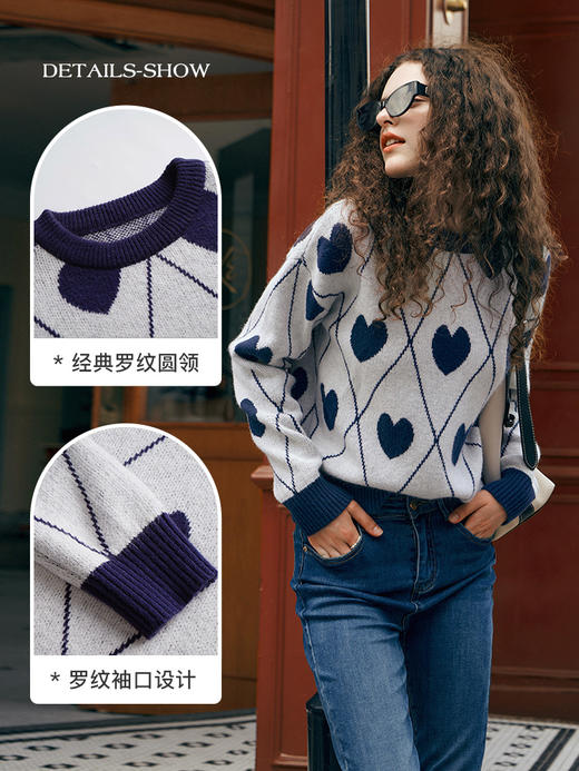 欧芮儿复古菱格毛衣女秋2023新款宽松慵懒软糯圆领提花套头针织衫 商品图2