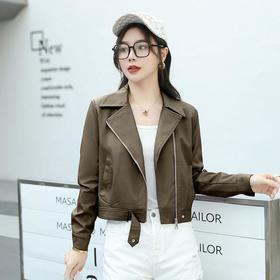 韩版短款皮衣外套女2023春秋新款西装领宽松水洗PU皮衣女