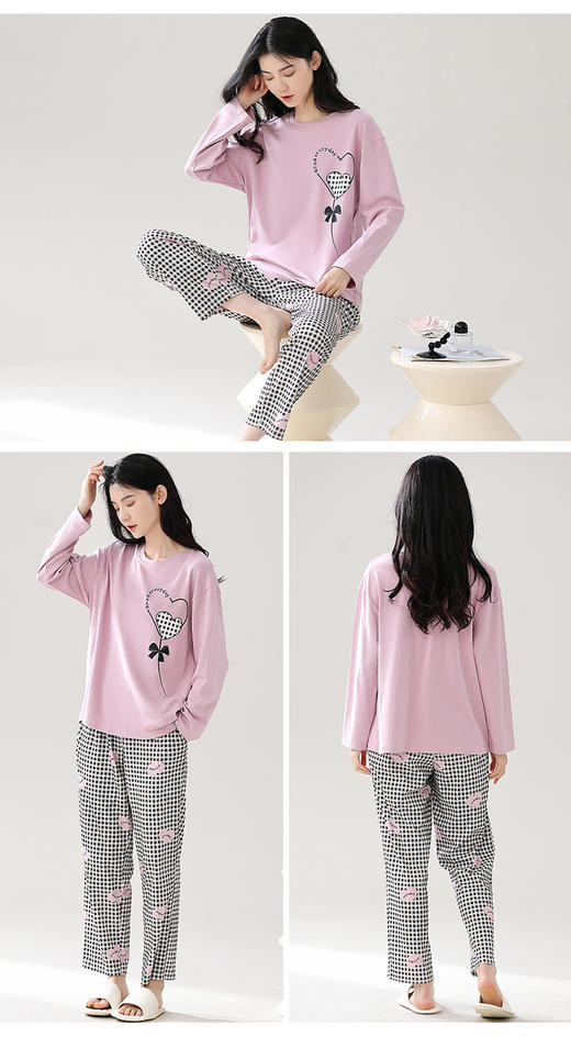 秋冬季纯棉长袖休闲简约圆领家居服女士套装 商品图6