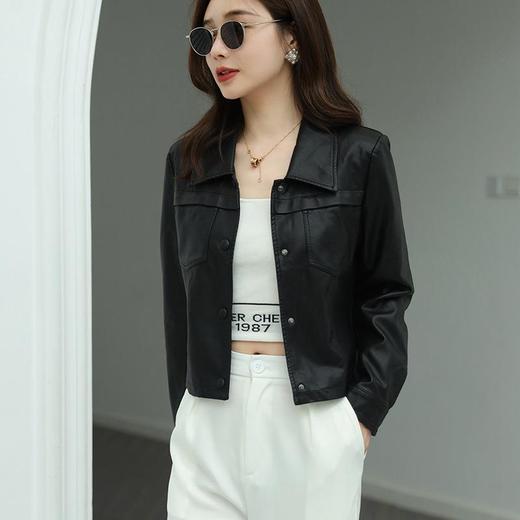 2023秋季新款皮衣外套女韩版翻领短款水洗PU皮衣修身皮夹克 商品图3