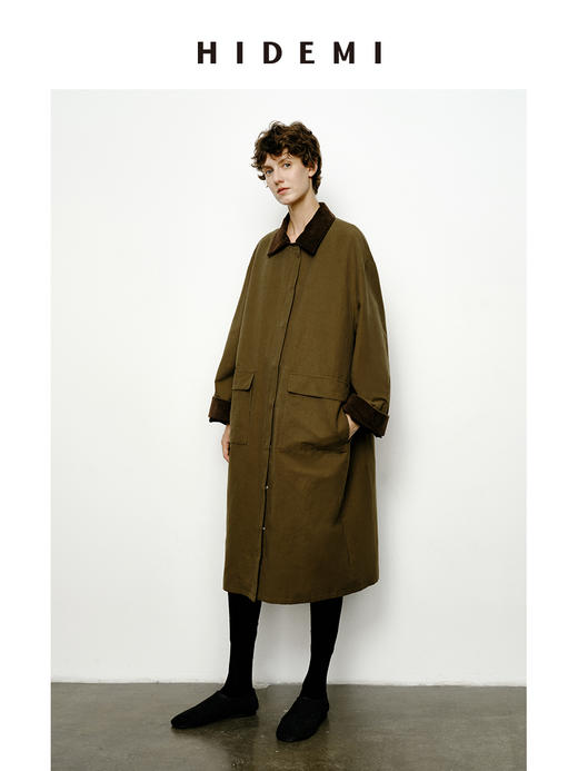 HIDEMI小男孩系列巴恩风灯芯绒拼接工装口袋式军绿色风衣外套 短款/长款 商品图1
