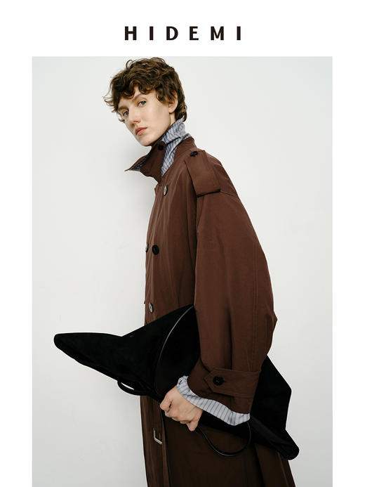 HIDEMI 乌木红棕色翻边条纹撞色设计感翻领双排扣长款风衣 商品图8