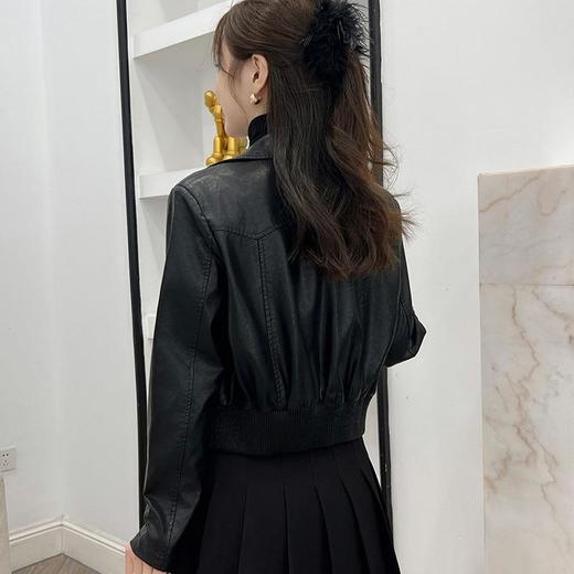 韩版机车风短款皮衣外套女2023秋季新款西装领修身水洗蛋白皮夹克 商品图2