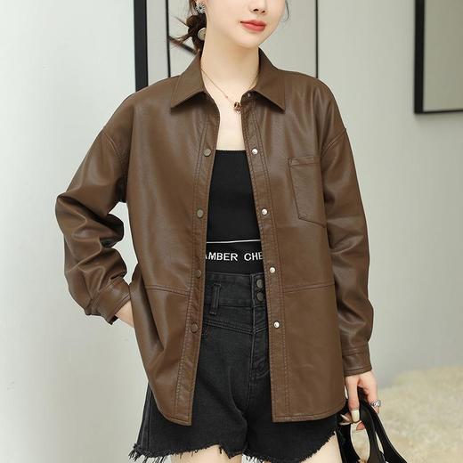 韩版中长款皮衣外套女2023秋季新款翻领衬衫式皮夹克修身水洗PU皮 商品图2