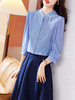 真丝衬衫九分袖2023新款秋季蓝色条纹气质通勤03双绉桑蚕丝上衣LS-953 商品缩略图2