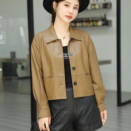 2023秋季新款皮衣外套女韩版短款翻领水洗PU皮衣修身皮夹克 商品图0