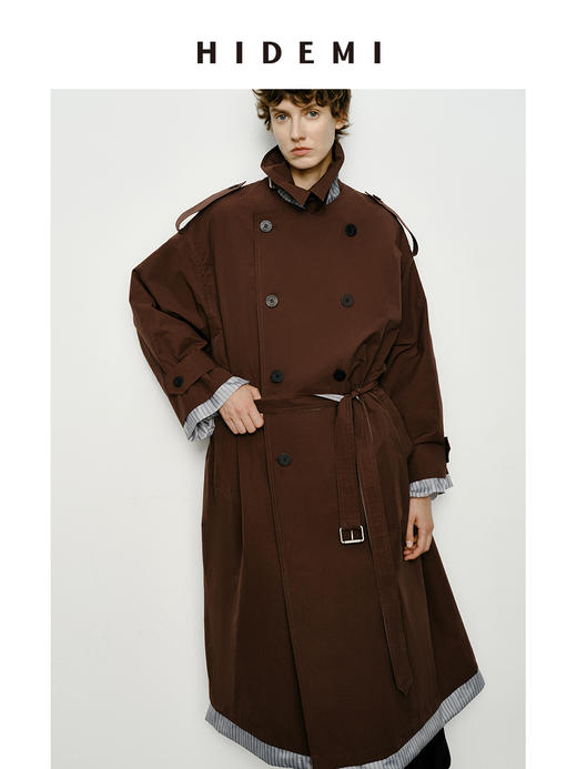 HIDEMI 乌木红棕色翻边条纹撞色设计感翻领双排扣长款风衣 商品图2