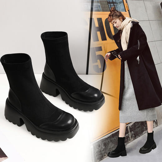 厚底粗跟弹力靴，小个子短靴秋冬季袜靴JC-2085 商品图0