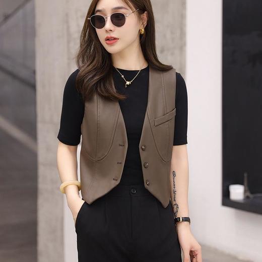 韩版短款皮衣马甲外套女2023秋季新款V领修身水洗蛋白皮马夹 商品图1
