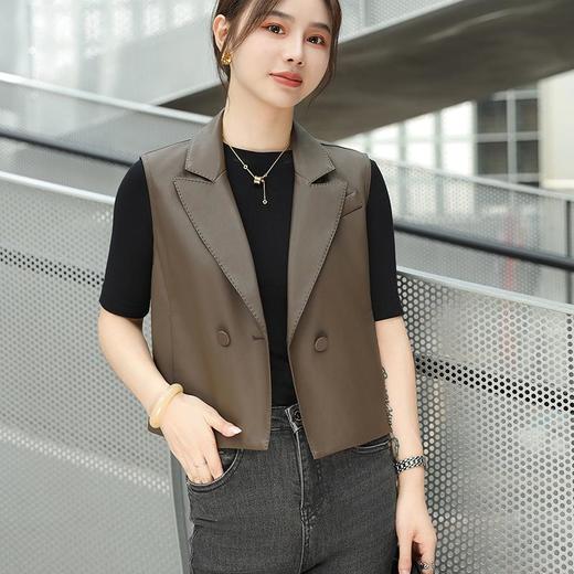 韩版短款皮衣马甲外套女2023秋季新款翻领水洗PU皮衣马夹修身 商品图2