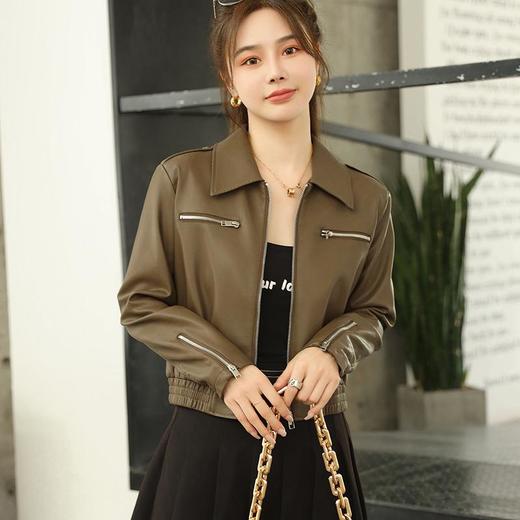 2023秋季新款短款皮衣外套女韩版翻领水洗蛋白皮修身皮夹克 商品图2