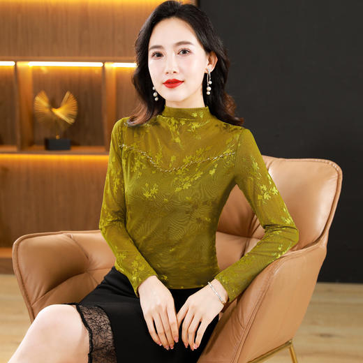 花色植绒长袖打底衫新中式国风修身T恤上衣KQL-765G938 商品图2