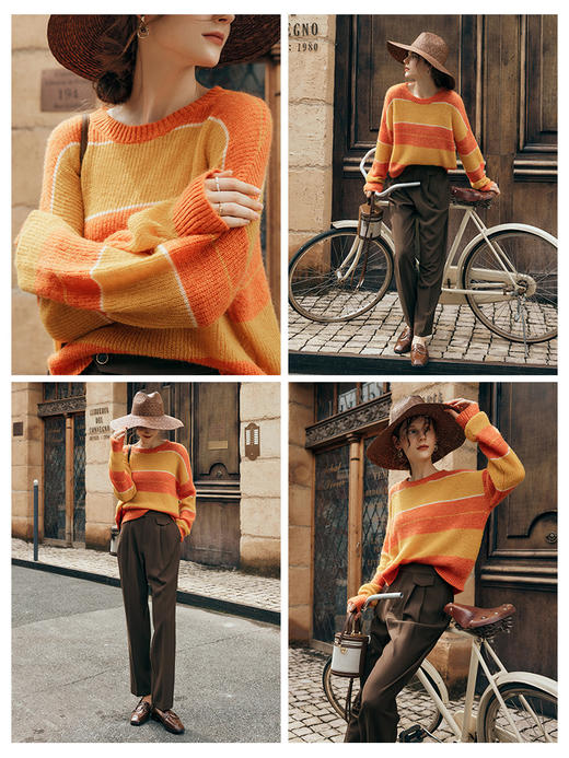 OLrain欧芮儿套头毛衣初秋2023年新款宽松显瘦软糯慵懒风拼色上衣 商品图1
