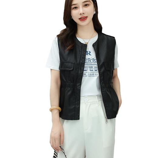 韩版短款皮衣马甲外套女2023春季新款圆领印花水洗PU皮衣女 商品图4