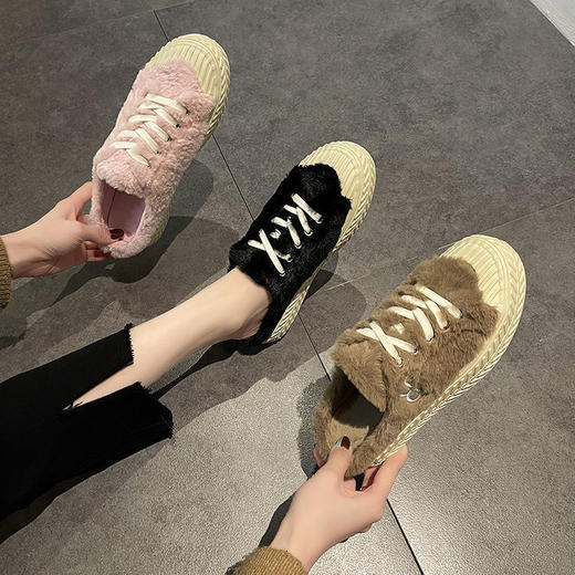 厚底毛毛包头半拖鞋女冬外穿网红系带饼干鞋加绒毛毛鞋 商品图1