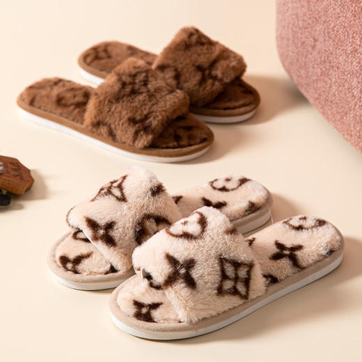 秋冬小花居家保暖一字开口毛毛拖鞋韩版女士家用木地板阻滑棉拖鞋 商品图4