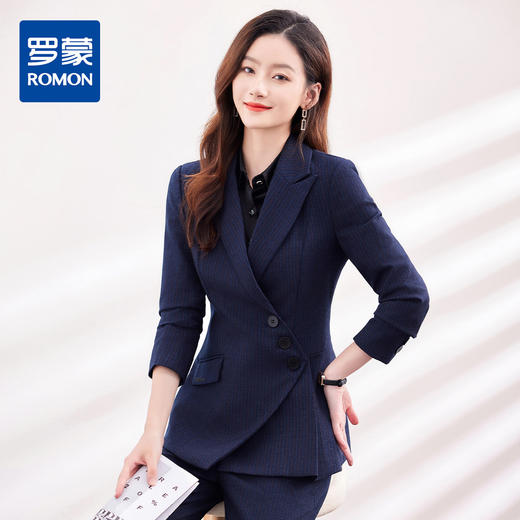 【上衣+裤子】罗蒙女式套装条纹两件套商务通勤不规则下摆西服套装女 商品图0