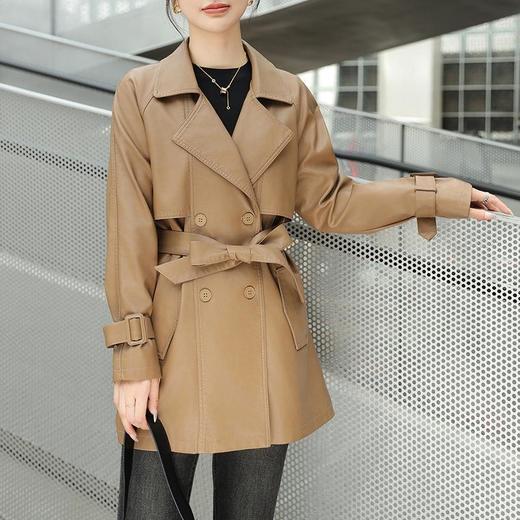 韩版长款皮衣外套女2023秋季新款西装领系带皮夹克修身水洗PU皮衣 商品图2