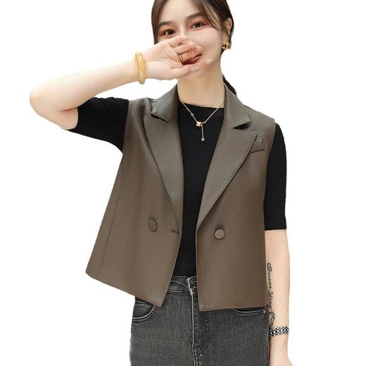 韩版短款皮衣马甲外套女2023秋季新款翻领水洗PU皮衣马夹修身 商品图4