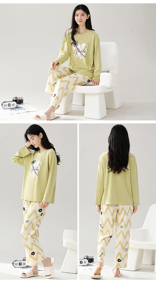 秋冬季纯棉长袖休闲简约圆领家居服女士套装 商品图2