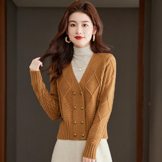 双排扣v领针织开衫，春秋新款早秋高腰外搭上衣毛衣外套CC-J237 商品图5