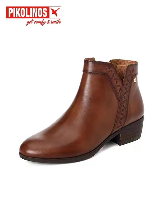 Pikolinos派高雁23冬季牛皮圆头粗跟侧拉链休闲踝靴 商品图1